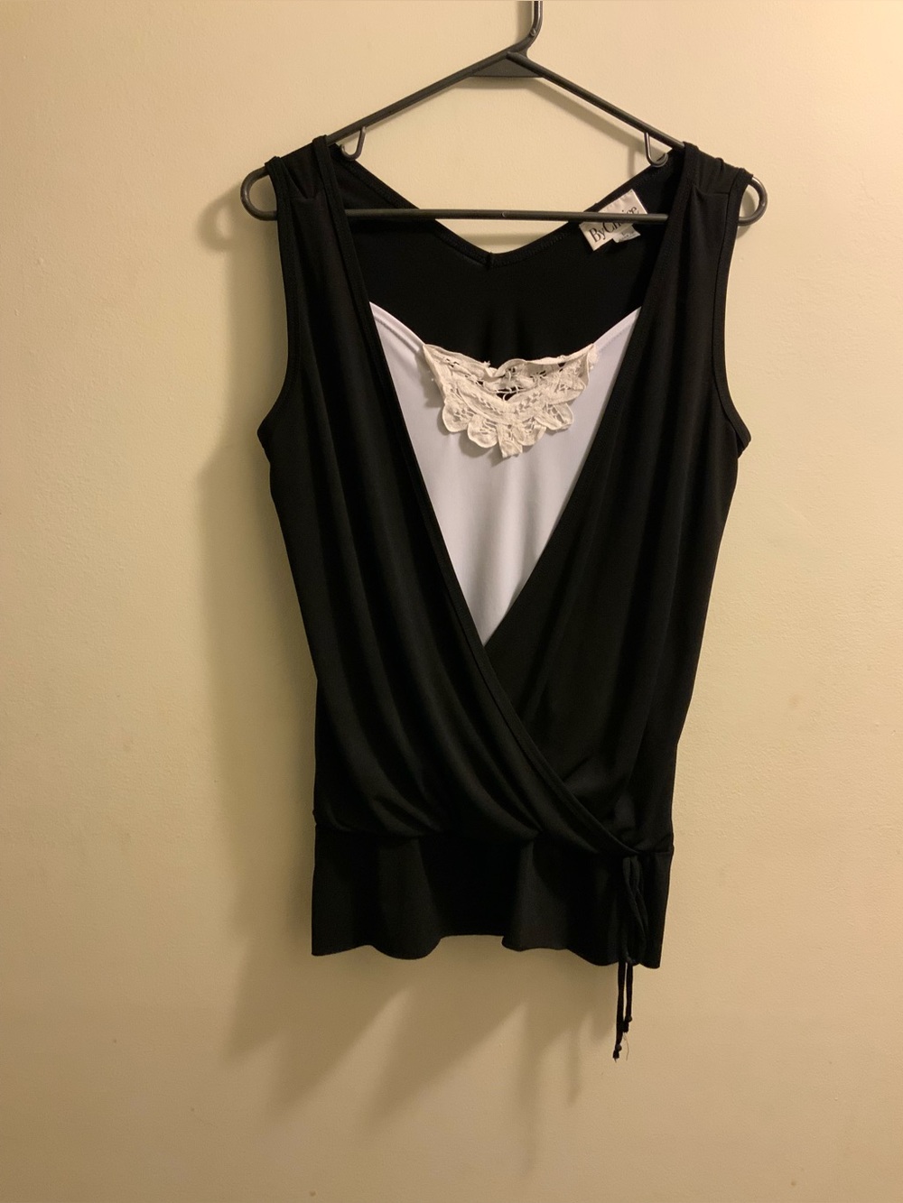 Black Sleeveless Wrap Tank with White Lace Accent